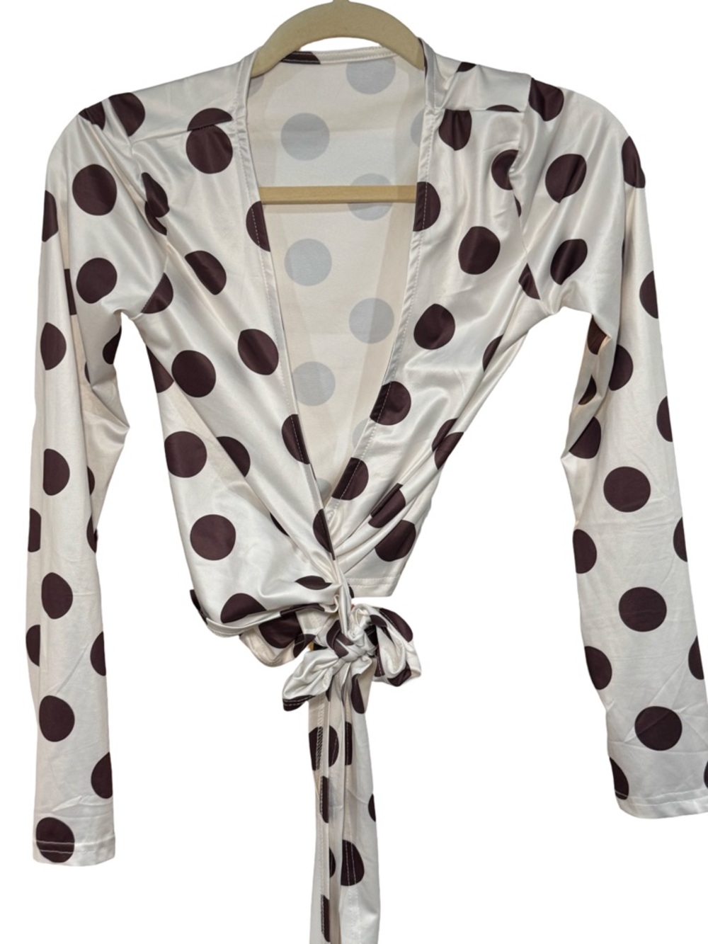 🟤🟤🟤 Polka Dot Tie-Front Satin Top - Brown on Cream Wrap yoga top - Picture 6 of 6